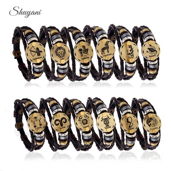 

12 zodiac signs bracelet punk leather bracelet 12 constellations bracelets men casual personality antique gold alloy, Golden;silver