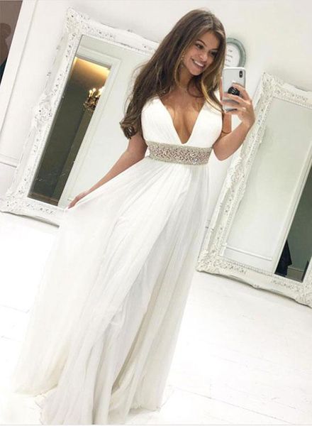 

charming white v neck beaded long chiffon evening party dress white formal dress vestidos de fiesta, Black;red