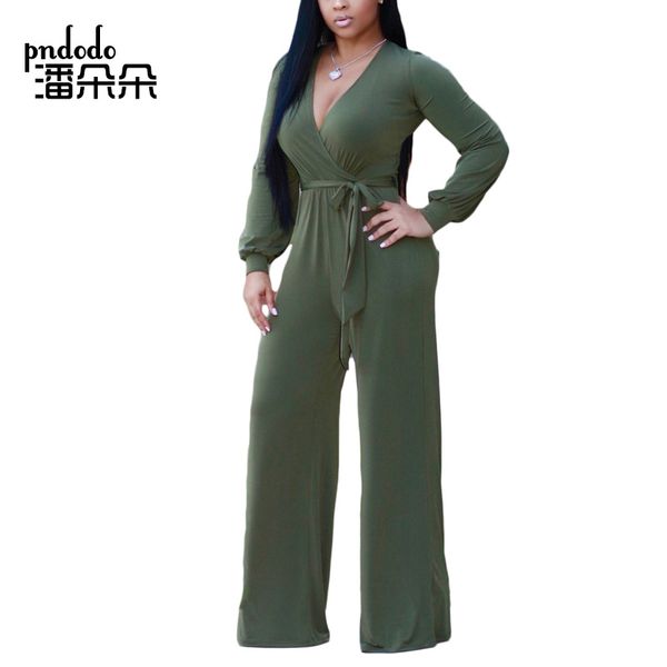 

pndodo casual new style 2018 spring women long jumpsuit loose wide leg jumpsuit full sleeve solid v-neck bodycon romper, Black;white