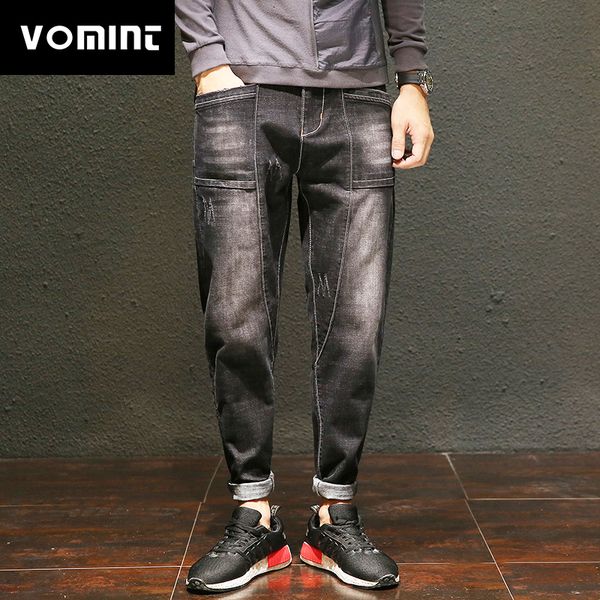 

vomint 2018 new mens jeans moustache effect halen pants stitching black wash distressed jeans casual pant hlk5506, Blue