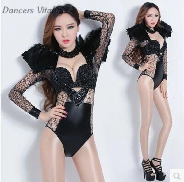 

bodysuit women dance costume nightclub dj female singerclothing perspective lace siamese bar ds performance sexy stage clothing, Black;red