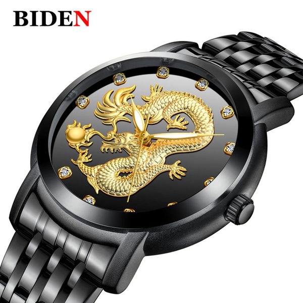 

men watches brand biden luxury gold dragon sculpture quartz watch men full steel waterproof wristwatch relogio masculino, Slivery;brown