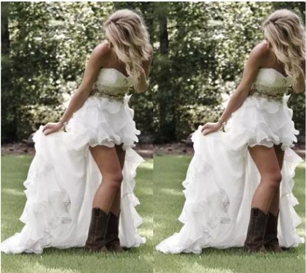 

2018 modest high low country style wedding dresses 2017 sweetheart ruffles organza asymmetrical fitted hi-lo white bride bridal gowns