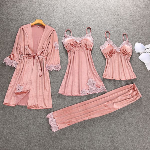 

4 шт. женщины зима осень халат набор велюр теплый пижамы набор кружева пижамы мода пижамы сексуальная домашняя одежда, Blue;gray