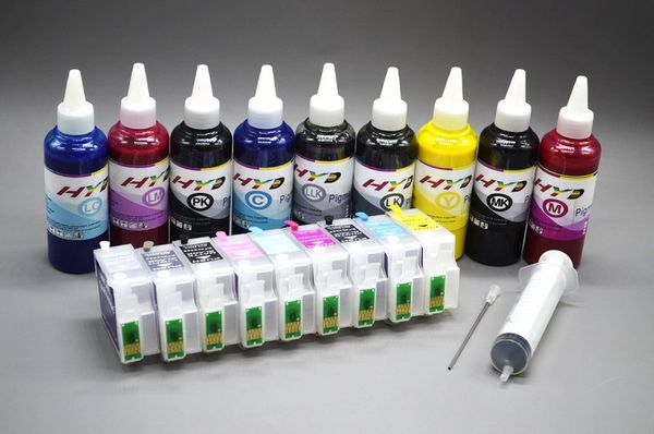 Kits de recarga de tinta R3000 para Epson Photo R3000 Impressora (cartucho de tinta de recarga com chip a jato de tinta de redefinição automática + tinta de recarga de 100 ml a granel) T1571-T1579 Tanques de tinta