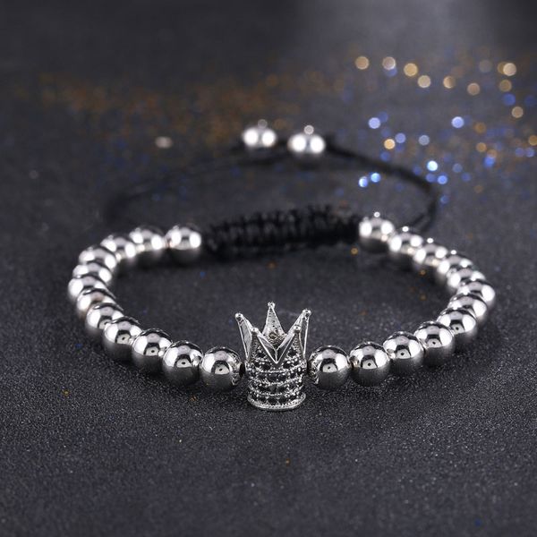 

new fashion men women micro pave cz cubic zircon crown bracelets jewelry round beads braided charm bracelet, Black