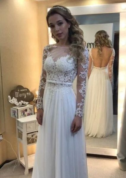 Backless Mangas Compridas Vestidos de Casamento Aberto de Volta Lace Beach Bohemia Vestidos de Noiva Chic Simples Vestido de Noiva