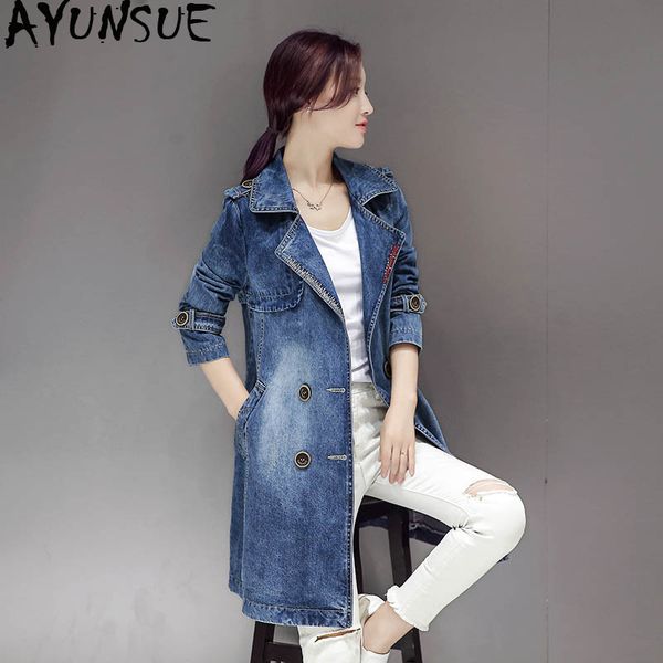 

ayunsue casaco feminino denim trench coat korean style vintage womens trench coats woman clothes abrigo mujer windbreaker kj131, Tan;black