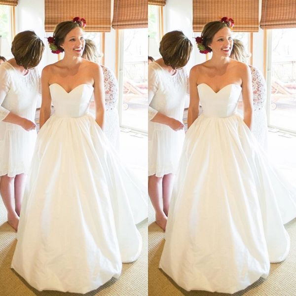 

2019 new arrival simple wedding dresses a-line sweetheart sleeveless floor length satin bridal gowns custom made country style, White