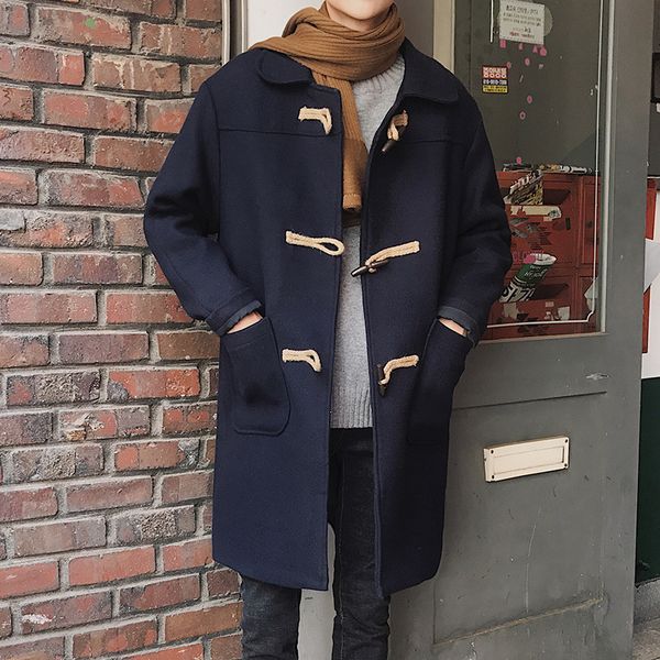 

casual fashion mens long coat 2018 winter long sleeve turn down collar wool blend coat and jacket loose solid pockets male coats, Black