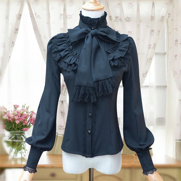

black bows & ruffles stand collar gothic victorian blouses for women long sleeve blouse chiffon shirt used to match corset 2017, Black;white