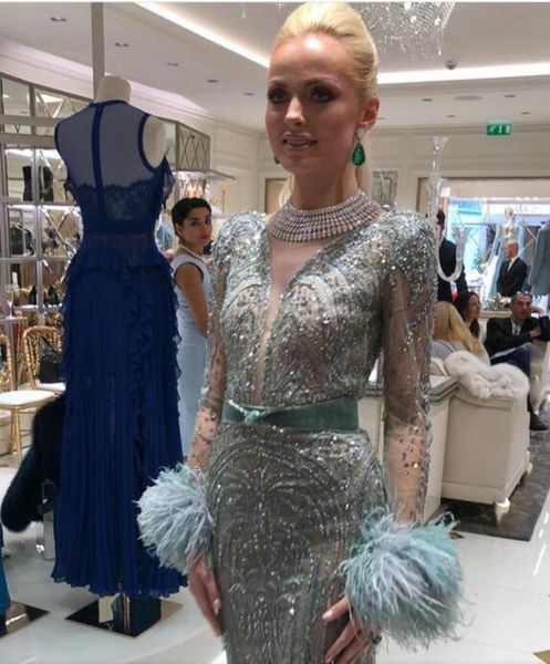 

evening dress long dress green sequines long sleeve feather a-line v-neck silver crystals charming custom o, Red