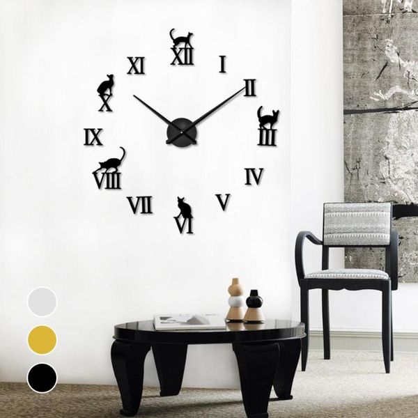 

3d mirror wall clocks diy cat letters quartz needle wall clock modern design home decorative large watch horloge s3