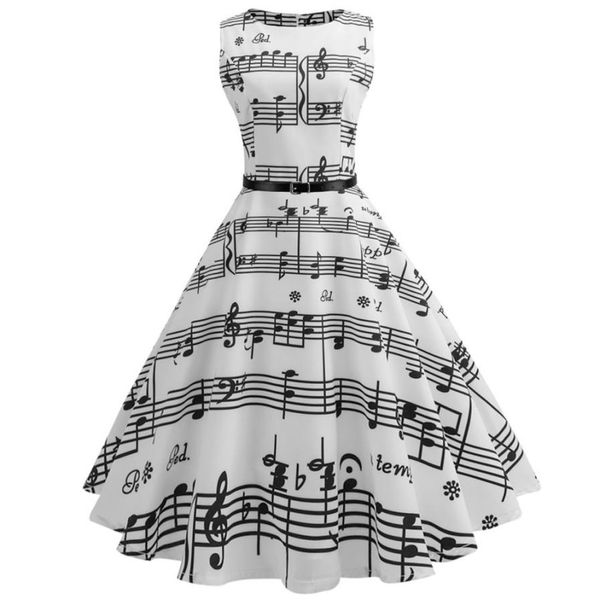 2018 Nota musicale Stampa musicale Abito vintage da donna senza maniche O collo Donna Casual Swing Retro Abiti plissettati medi P45X