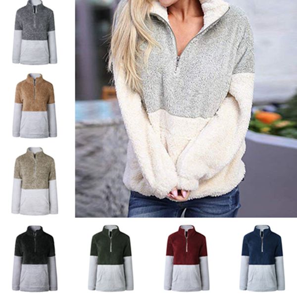 

sherpa pullover women winter fleece hoodies sweatshirt oversized v-neck zipper sweater long sleeve patchwork autumn hoodie 4 color, Black