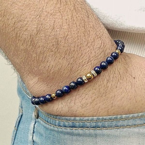 

luxury classic men new bangles 6mm nature lapis lazuli bead charm stone elastic bracelet for men 2018 jewelry gift, Golden;silver