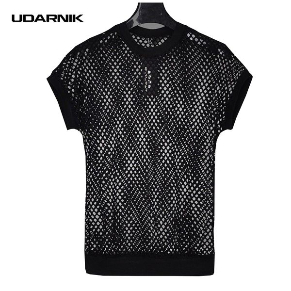 

men t-shirt short sleeve fishnet mesh hollow out transparent black white england style o-neck summer streetwear 903-a193, White;black