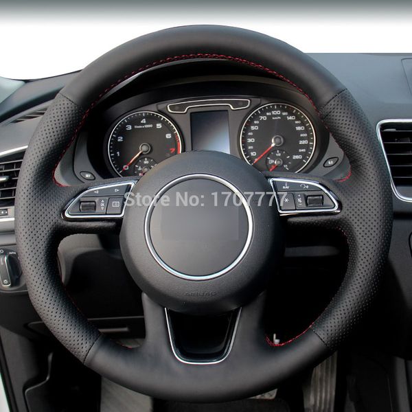 

black leather hand-stitched car steering wheel cover for audi q3 q5 2013 2014 2015