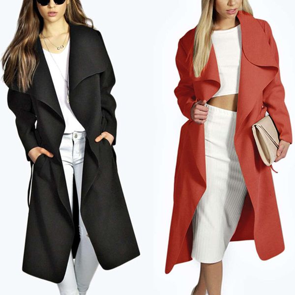 

wool blend autumn 2018 coat women wide lapel belt long coats plus size trench coat outwear women clothes oversized clothing, Tan;black