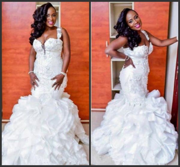

style mermaid wedding dresses 2018 new plus size ruffles organza tiered bridal gowns custom size handmade appliques vestidos fantastic, White