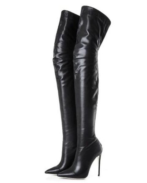 Женщины черный высокий каблук острым носом над коленом высокие сапоги Женские бедра высокие длинные сапоги Стилет каблук большой размер Оптовая