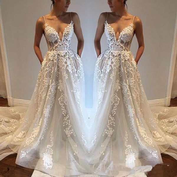 

Pallas Couture Lace Wedding Dresses Sweep Train Spaghetti Low Back Beach Country Garden Bridal Dresses Wedding Gowns Custom Made