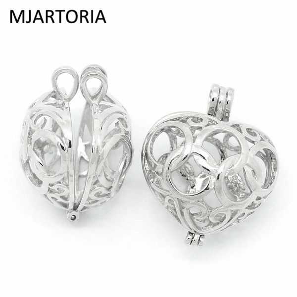 MJartoria 3 Pcs Bola Cobre Charme Pingentes Hollow Coração Gaiolas Locket Prata Fit Music Bola DIY Jóias Presente Para Grávida