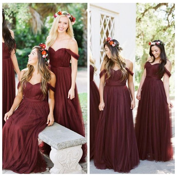 

2021 off shoulder long bridesmaid dresses country style tulle beach wedding party guest dresses maid of honor dress vestidos de soiree, White;pink