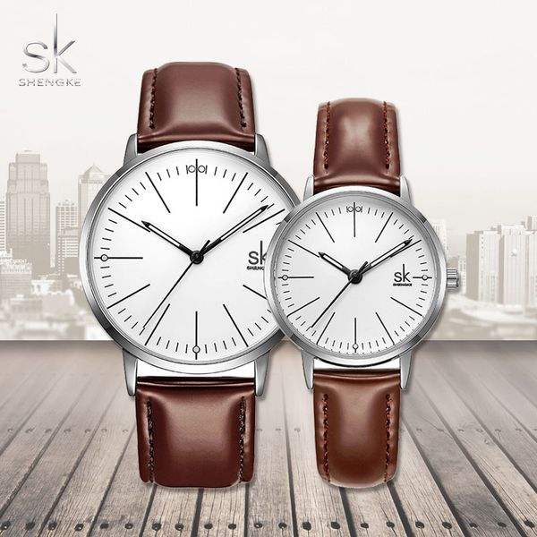 

antique classic couple watch shengke fashion leather strap women men quartz wrist watch simple lovers business clock, Slivery;brown