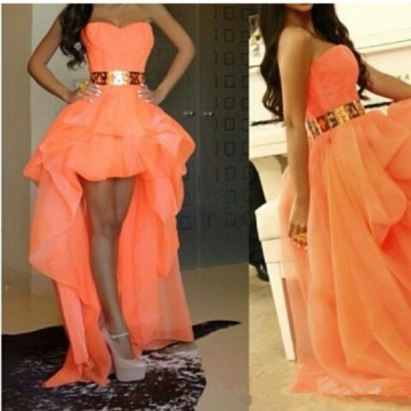 

short front long back orange prom dresses sweetheart gold belt high low draped organza fashion evening dress formal party gown, Black
