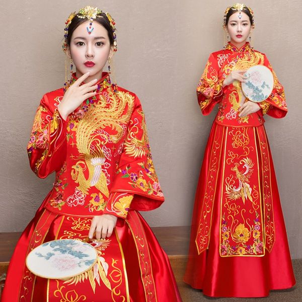 

vintage chinese style formal dress royal phoenix wedding cheongsam costume red bride traditional tang suit embroidery qipao new