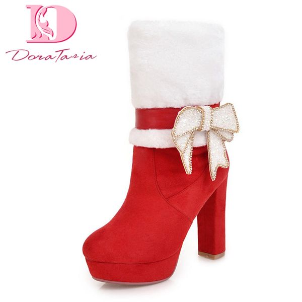 

doratasia large size 32-43 sweet bowtie boots women shoes platform shoes woman chunky high heels mid calf boots, Black