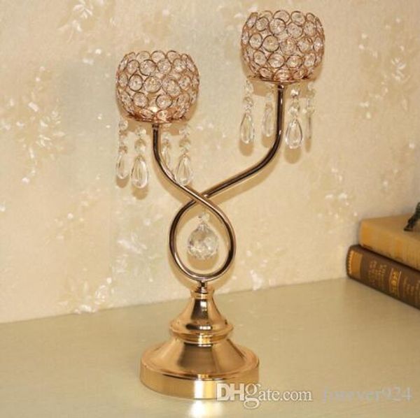

2-arms gold candle lantern crystal diamond pendants strands candlestick party wedding candelabra centerpieces table candelabra decoration
