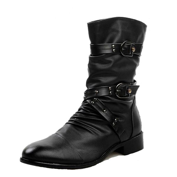 

2018 men martin boots pu leather men rivet shoes mid-calf boots male low heels men boots size 37-44, Black