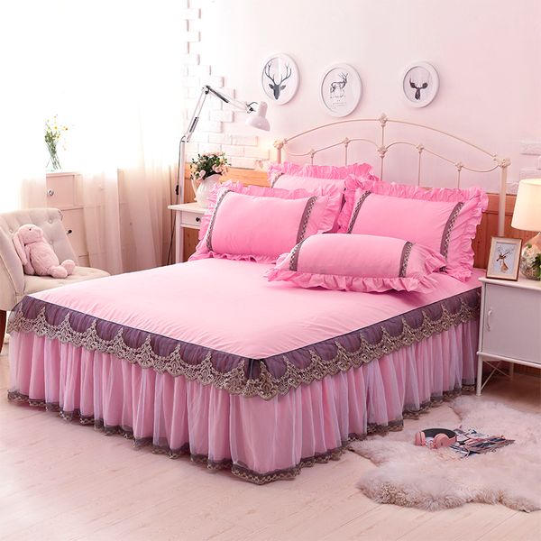 

1/3pcs 100%coon lace king/queen/full size bed skirt pink/blue princess bedspread bedsheet pillowcase home decorative