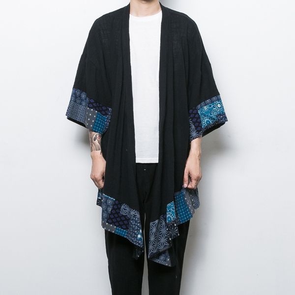

men's cotton linen blends vintage cloak open front men long coats coat overcoat fashion, Black