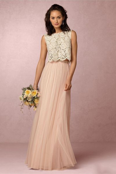 2020 Blush Pink due pezzi abiti da sposa Tulle molle pizzo Figura intera vestiti lunghi promenade di sera del partito abiti