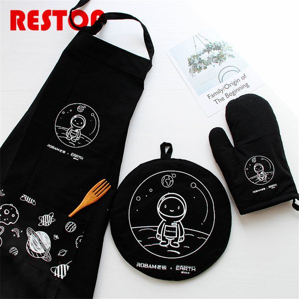 

75x58cm waterproof japanese style black planet apron pure cotton cooking kitchen apron for gift res933