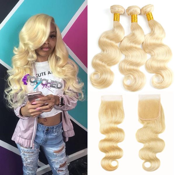 Brazilian Body Wave Human Hair Weave 3 Bundles 613 Blonde Human Hair Bundles With 4x4 Free Part Lace Closure Honey Platinum Virgin Hair