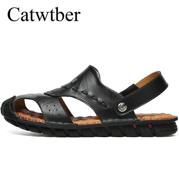 

catwtber handmade leather men sandals summer fashion non-slip rubber sole outdoor casual men beach sandals indoor shoes, Black