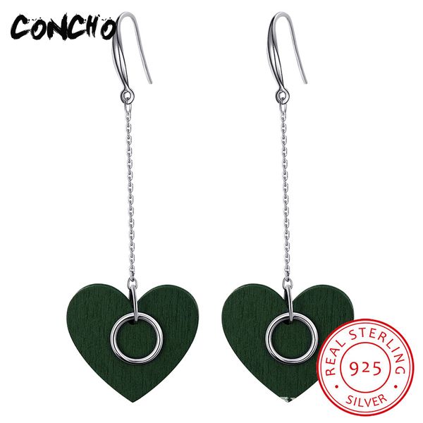

concho jewelry 925 sterling silver heart wood drop earrings for women party gift 2018 arrival real party wood trendy earrings, Golden;silver