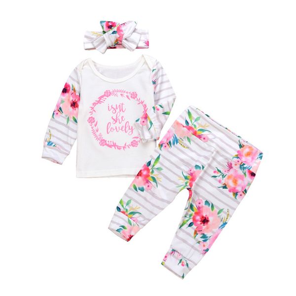 

printing baby suits floral letter lovely striped long sleeve broken flowers elastic bottom pants 3 piece bow headwear autumn, White