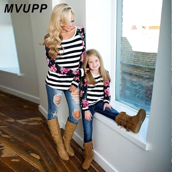 

mvupp mother and daughter family matching clothes outfits t shirt for mom mommy me clothing striped floral baby girls kids look, Blue
