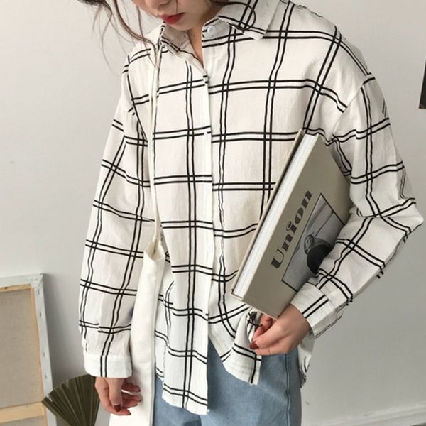 

kymakutu loose plaid blouses for women clothing all match soft chemisier femme casual fashion ladies shirts 2 colors, White