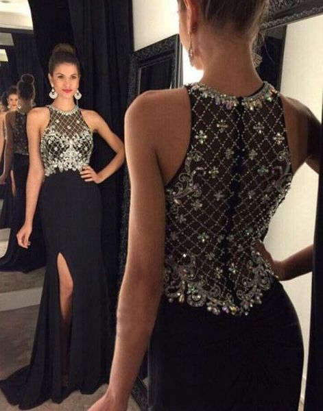 

2018 prom dresses black sparkly jewel neck sleeveless beading crystal side split mermaid zipper back formal party dress evening gowns wear
