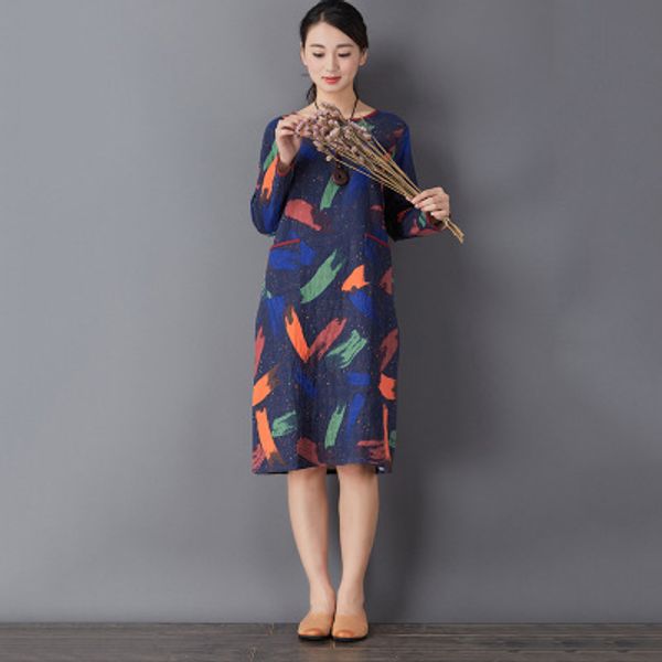 

retro literary double layer cotton long sleeve dress, Black;gray