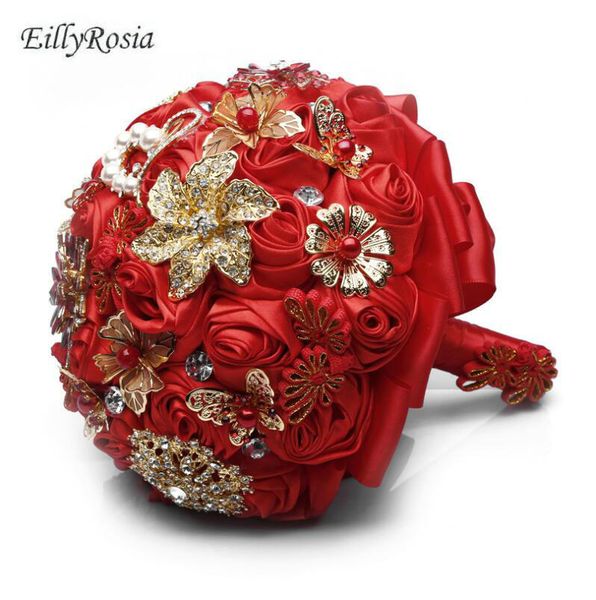 Artificial Red Bride Bouquet Satin Flowers Gold Jewelry Vintage Wedding Bouquet For Bride Fleur Artificielle Mariage Ramo Boda Bloemen Exotic Wedding