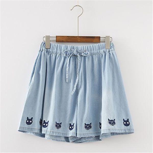

cat embroidery wide leg shorts 2018 summer new fashion loose denim shorts drawstring casual ladies skirts 40462, White;black