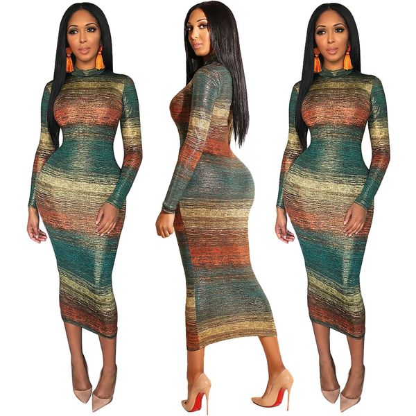 

fashion rainbow printed women dress streched bandage dress midi length bodycon dresses casual autumn dresses a8289, White;black