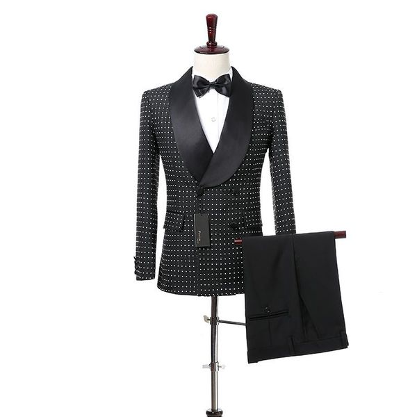 Klassischer, handlicher Schalkragen-Zweireiher-Hochzeitsbräutigam-Smoking für Herren, Hochzeit/Abschlussball/Abendessen, Trauzeugen-Blazer (Jacke + Krawatte + Gürtel + Hose) A